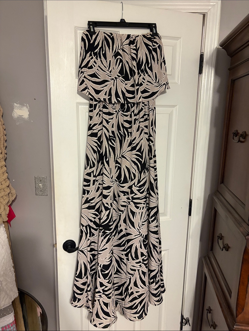 Strapless Black Maxi Dress with Cream Leaf Print